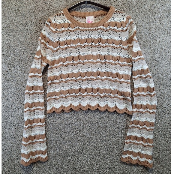 So Me Sweaters - So Me Sweater Women M Multicolor Striped Crochet Knit Boho Scalloped Cropped